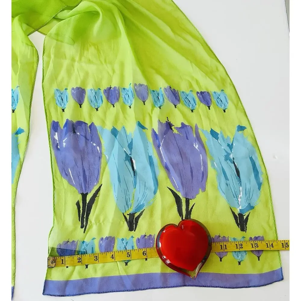 Ellen Tracy 100% Silk Long Scarf Lime Green Purple Floral Lightweight Luxury